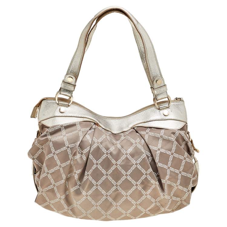 Pre Owned Versace Gold Monogram Fabric And Leather Logo Plate Hobo