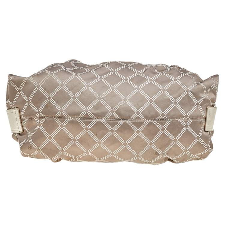 Pre Owned Versace Gold Monogram Fabric And Leather Logo Plate Hobo