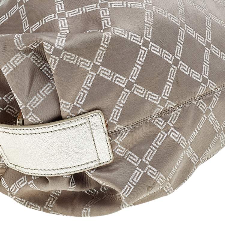 Pre Owned Versace Gold Monogram Fabric And Leather Logo Plate Hobo