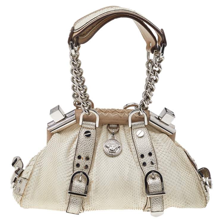 Pre Owned Versace White, Metallic Gold Snakeskin And Leather Medusa Satchel