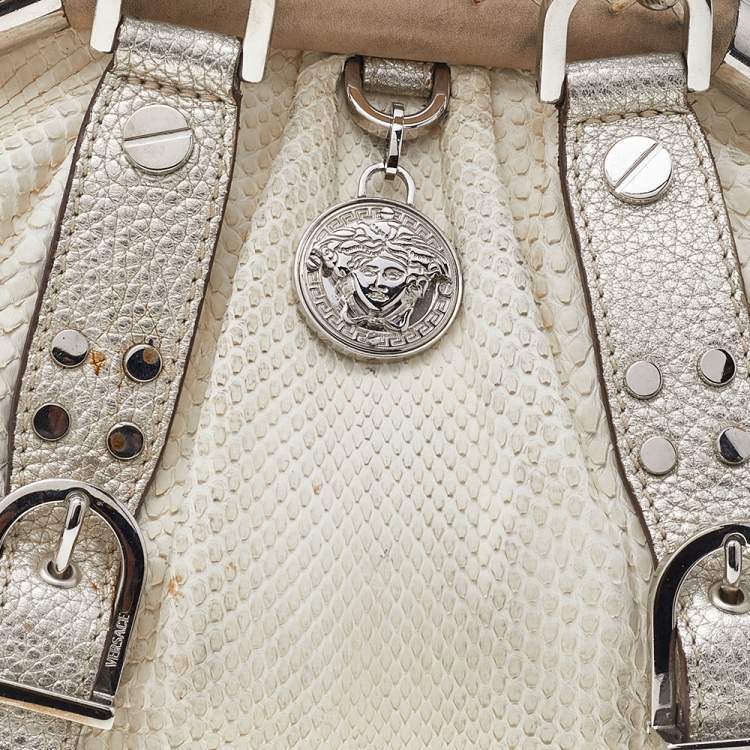 Pre Owned Versace White, Metallic Gold Snakeskin And Leather Medusa Satchel