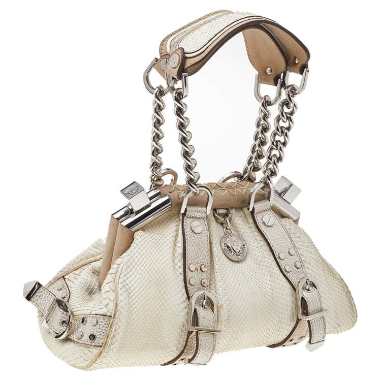 Pre Owned Versace White, Metallic Gold Snakeskin And Leather Medusa Satchel