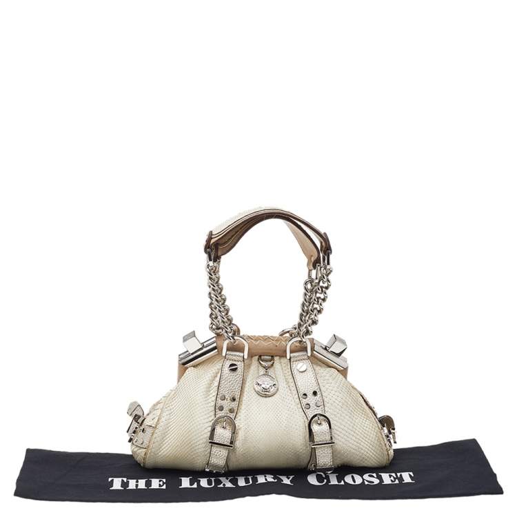 Pre Owned Versace White, Metallic Gold Snakeskin And Leather Medusa Satchel
