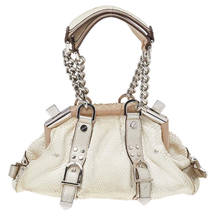 Pre Owned Versace White, Metallic Gold Snakeskin And Leather Medusa Satchel