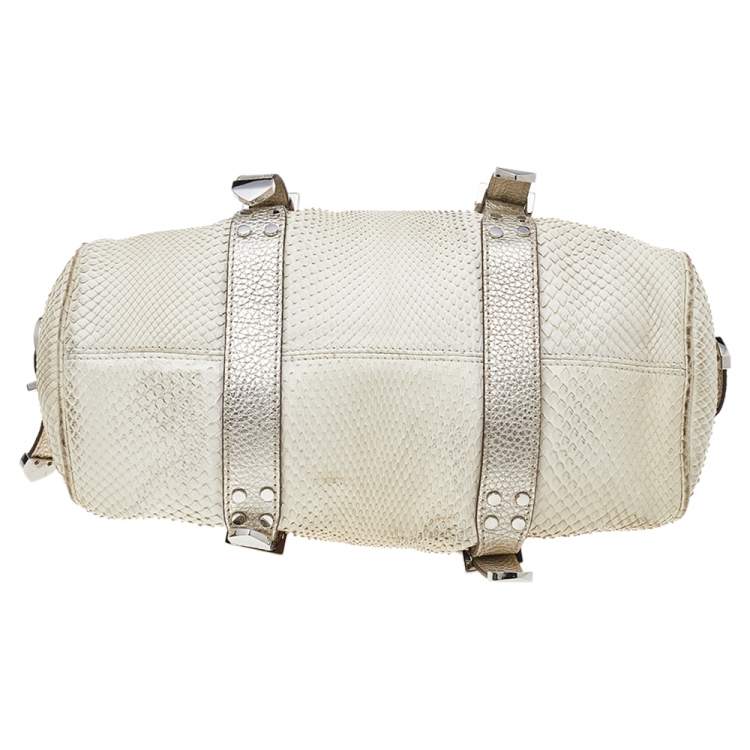 Pre Owned Versace White, Metallic Gold Snakeskin And Leather Medusa Satchel