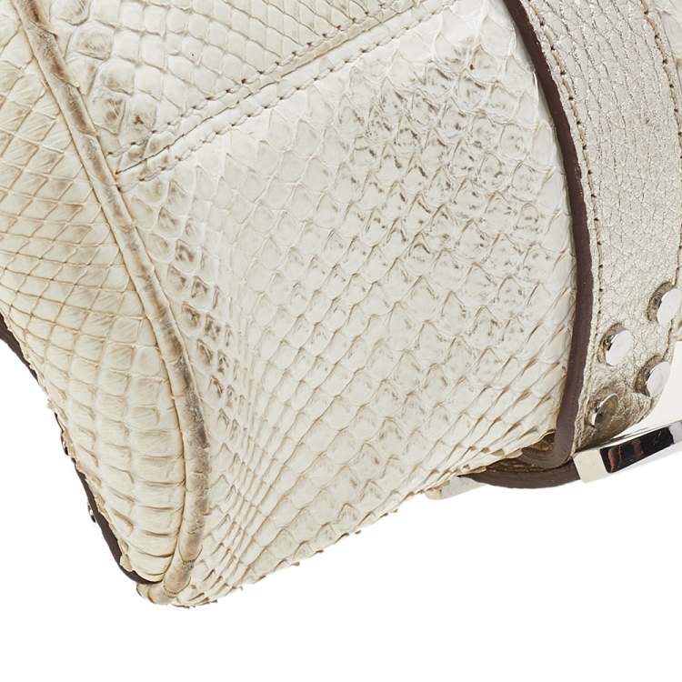 Pre Owned Versace White, Metallic Gold Snakeskin And Leather Medusa Satchel