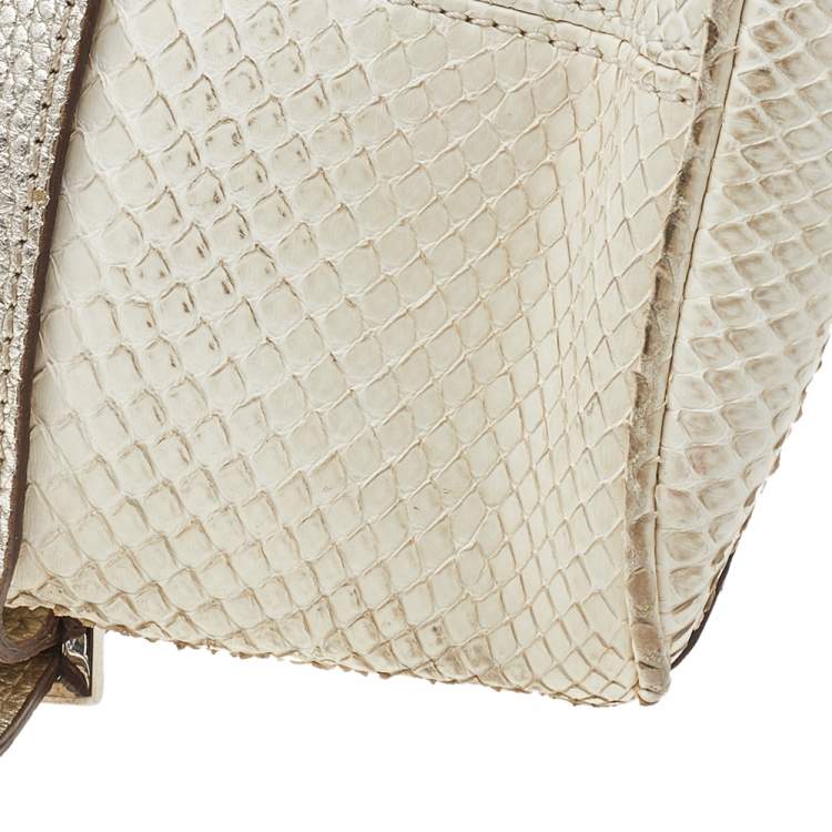 Pre Owned Versace White, Metallic Gold Snakeskin And Leather Medusa Satchel