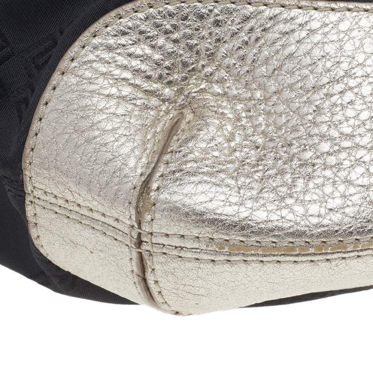 Pre Owned Versace Metallic Silver/Black Signature Canvas And Leather Studded Hobo
