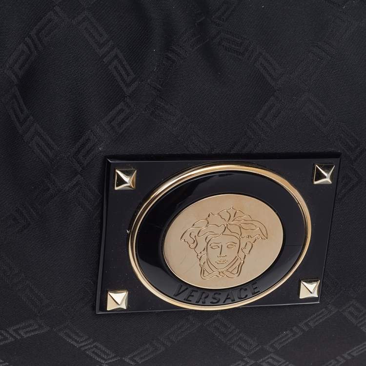 Pre Owned Versace Metallic Silver/Black Signature Canvas And Leather Studded Hobo
