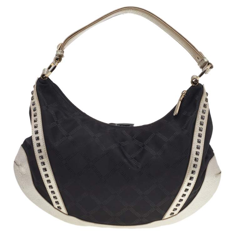 Pre Owned Versace Metallic Silver/Black Signature Canvas And Leather Studded Hobo