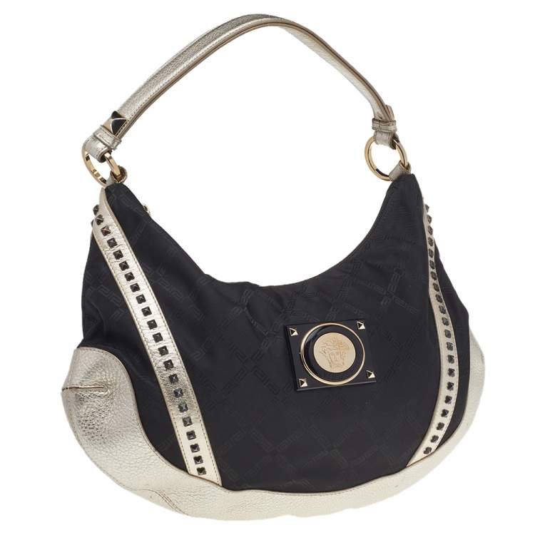 Pre Owned Versace Metallic Silver/Black Signature Canvas And Leather Studded Hobo