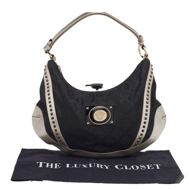 Pre Owned Versace Metallic Silver/Black Signature Canvas And Leather Studded Hobo