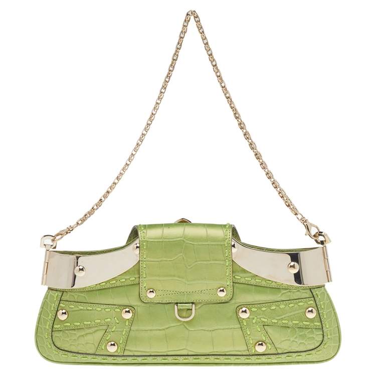 Pre Owned Versace Green Croc Embossed Leather Chain Clutch