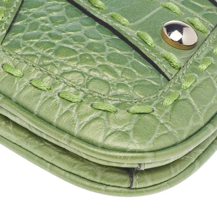 Pre Owned Versace Green Croc Embossed Leather Chain Clutch