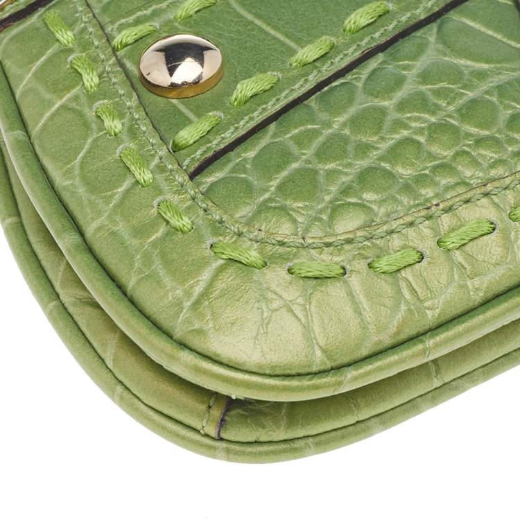Pre Owned Versace Green Croc Embossed Leather Chain Clutch