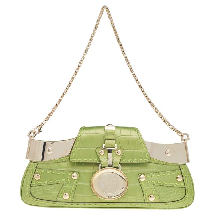 Pre Owned Versace Green Croc Embossed Leather Chain Clutch