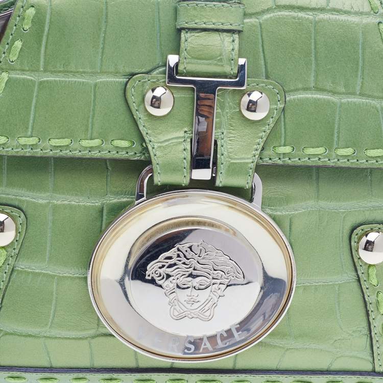 Pre Owned Versace Green Croc Embossed Leather Chain Clutch