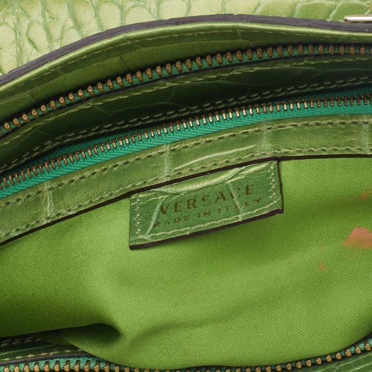 Pre Owned Versace Green Croc Embossed Leather Chain Clutch