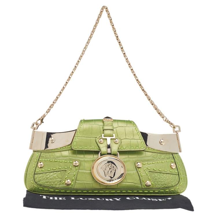 Pre Owned Versace Green Croc Embossed Leather Chain Clutch
