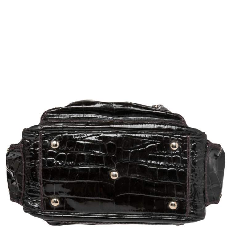 Pre Owned Versace Burgundy Patent Croc Embossed Leather Chain Satchel