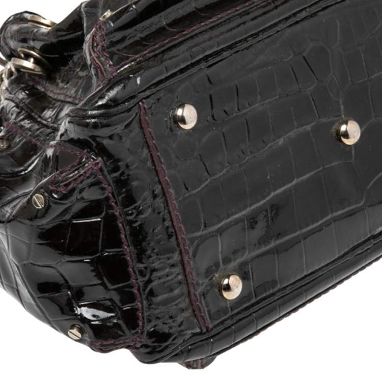 Pre Owned Versace Burgundy Patent Croc Embossed Leather Chain Satchel