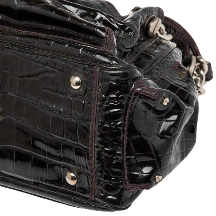 Pre Owned Versace Burgundy Patent Croc Embossed Leather Chain Satchel