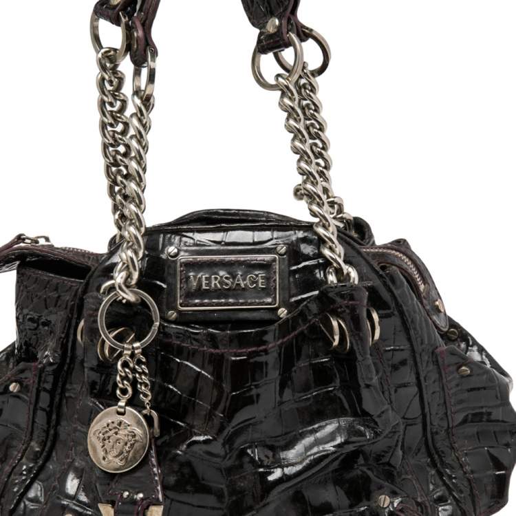 Pre Owned Versace Burgundy Patent Croc Embossed Leather Chain Satchel