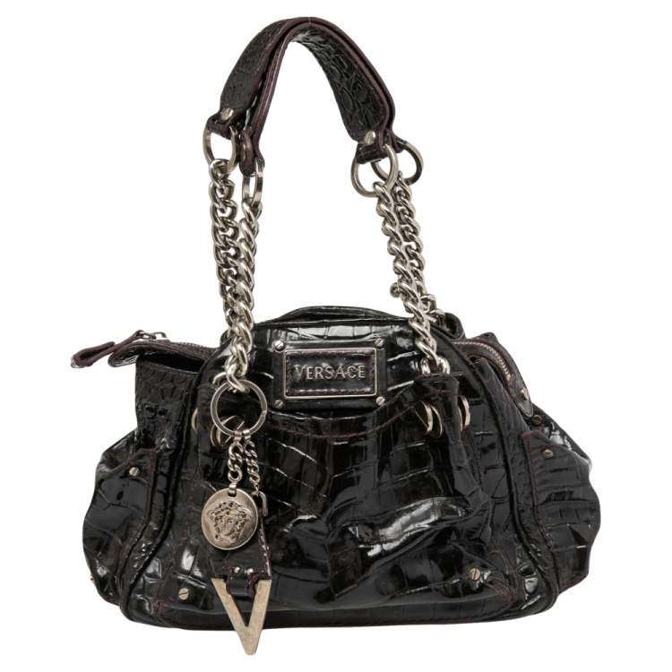 Pre Owned Versace Burgundy Patent Croc Embossed Leather Chain Satchel