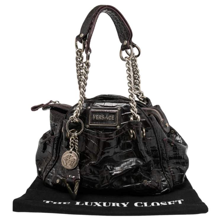 Pre Owned Versace Burgundy Patent Croc Embossed Leather Chain Satchel