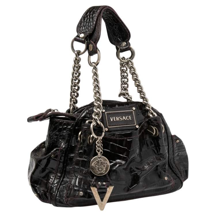 Pre Owned Versace Burgundy Patent Croc Embossed Leather Chain Satchel