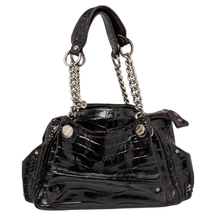 Pre Owned Versace Burgundy Patent Croc Embossed Leather Chain Satchel