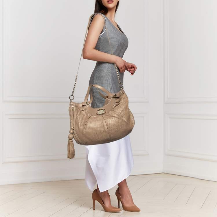 Pre Owned Versace Beige Perforated Leather Tassel Shoulder Bag