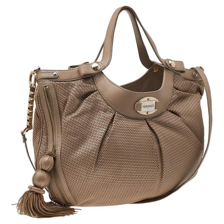Pre Owned Versace Beige Perforated Leather Tassel Shoulder Bag