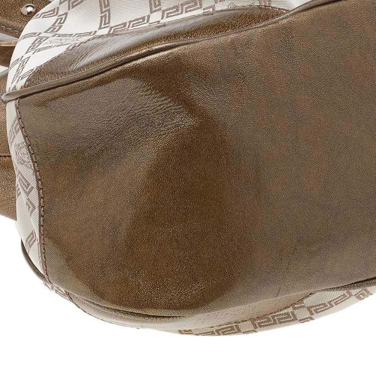 Pre Owned Versace Metallic Gold/Cream Signature Canvas And Leather Shoulder Bag