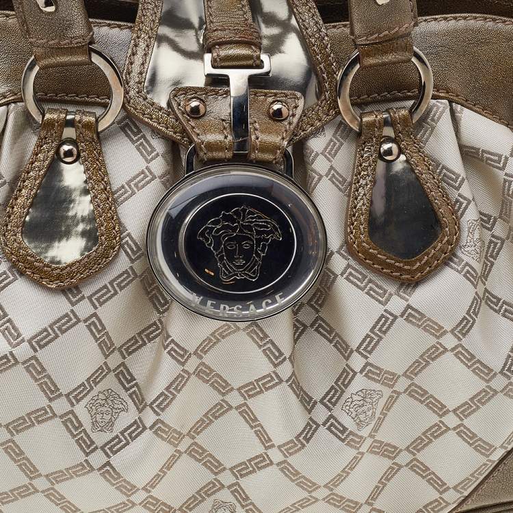 Pre Owned Versace Metallic Gold/Cream Signature Canvas And Leather Shoulder Bag
