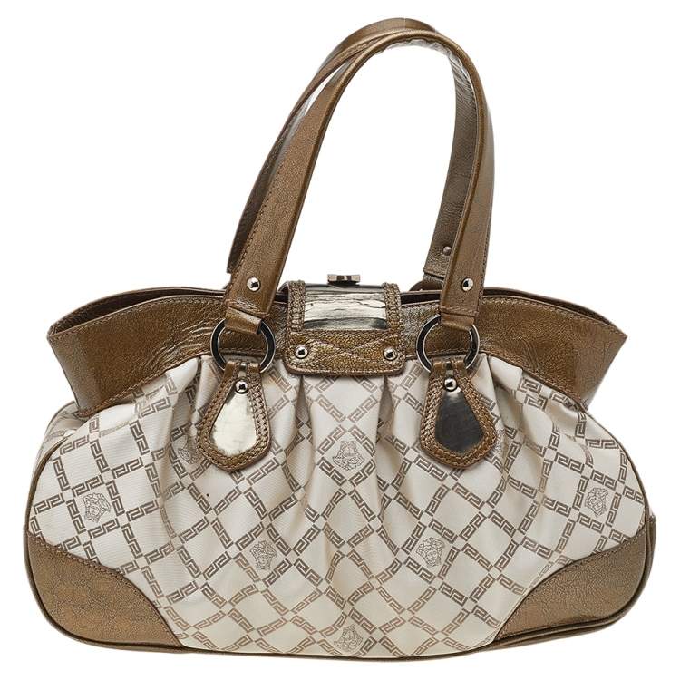 Pre Owned Versace Metallic Gold/Cream Signature Canvas And Leather Shoulder Bag