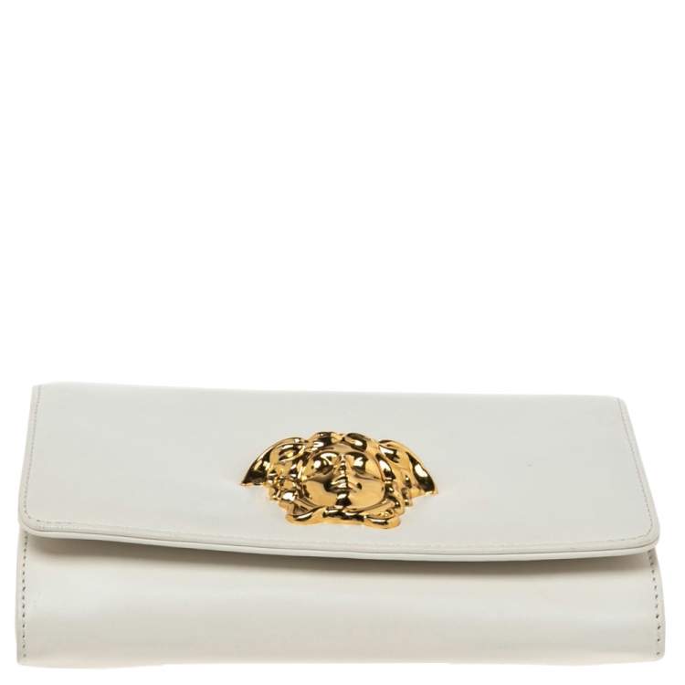 Pre Owned Versace White Leather Medusa Chain Clutch