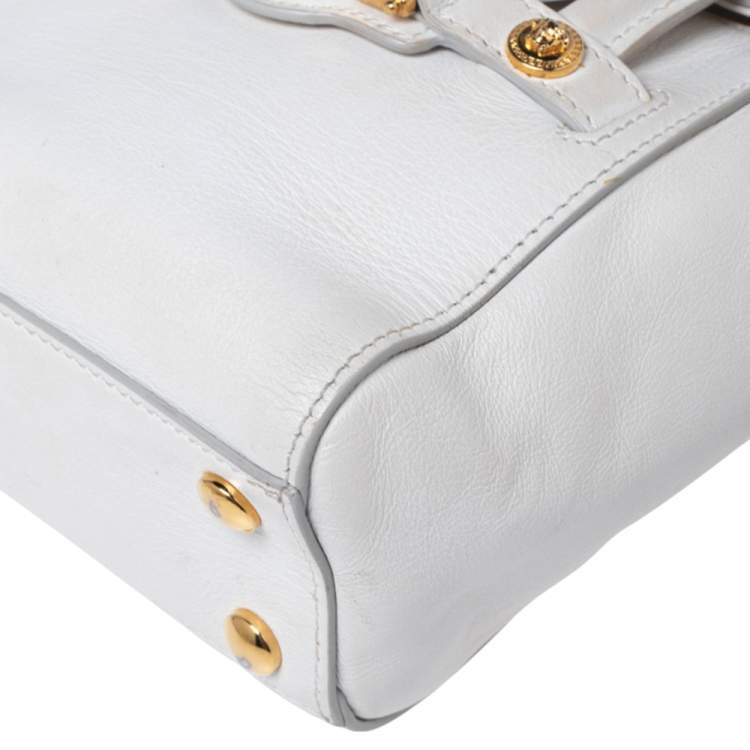 Pre Owned Versace White Leather Mini Signature Top Handle Bag