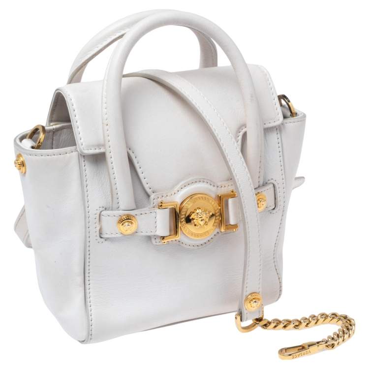Pre Owned Versace White Leather Mini Signature Top Handle Bag