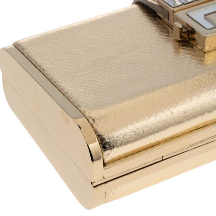 Pre Owned Versace Gold Karung Leather Crystal Flap Clutch
