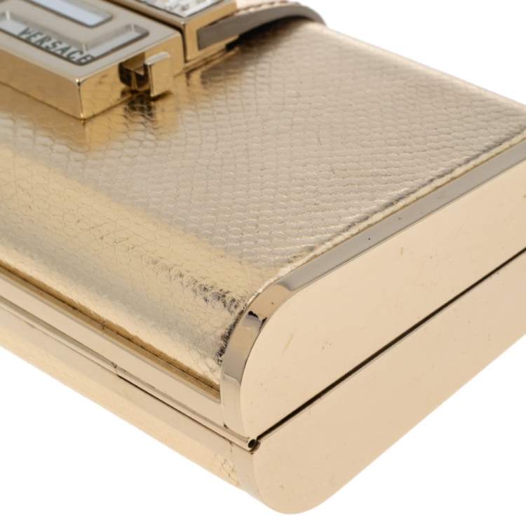 Pre Owned Versace Gold Karung Leather Crystal Flap Clutch