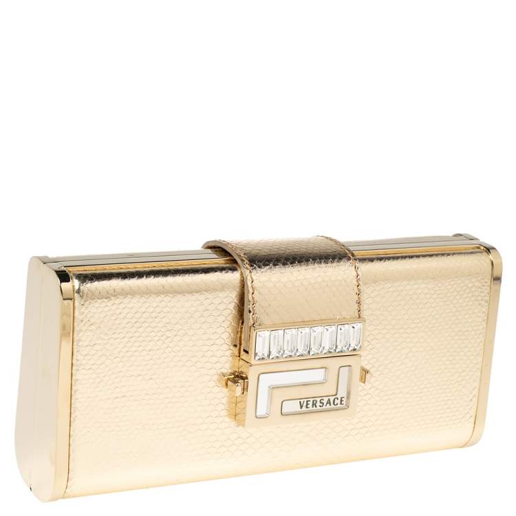Pre Owned Versace Gold Karung Leather Crystal Flap Clutch