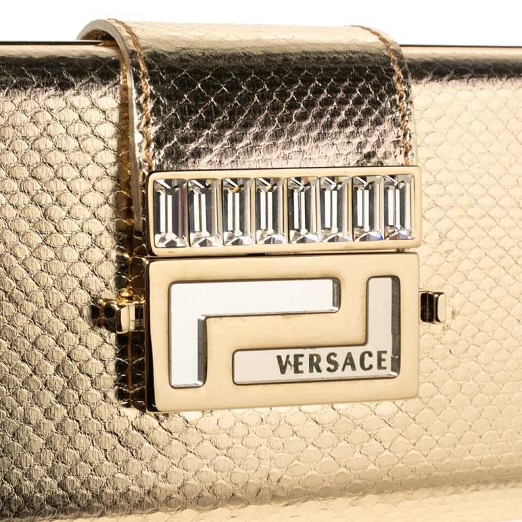 Pre Owned Versace Gold Karung Leather Crystal Flap Clutch