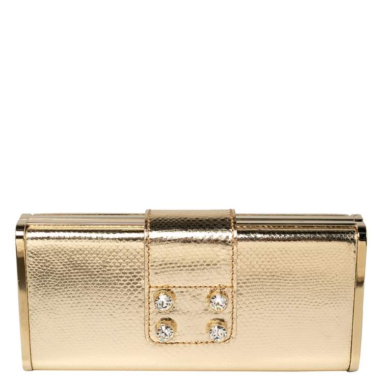 Pre Owned Versace Gold Karung Leather Crystal Flap Clutch