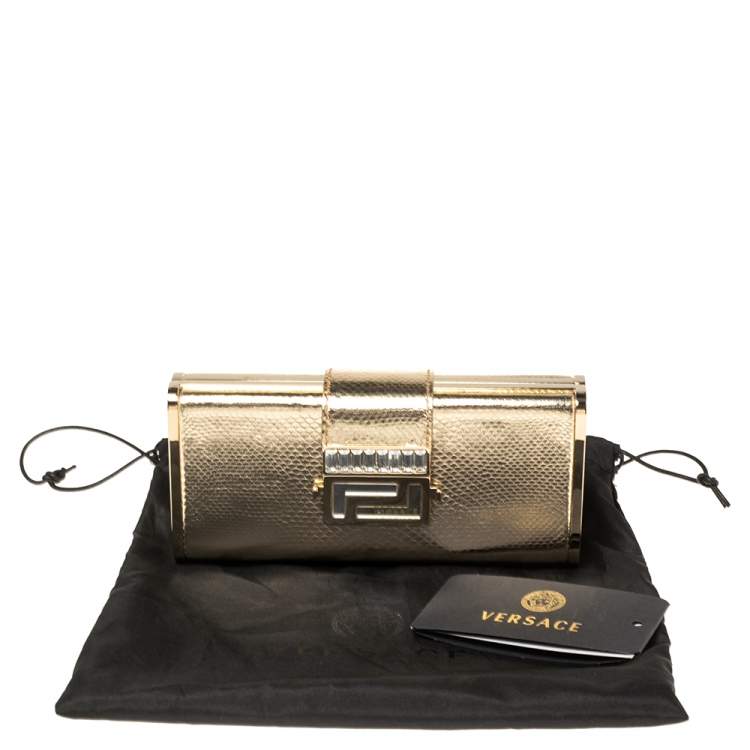 Pre Owned Versace Gold Karung Leather Crystal Flap Clutch