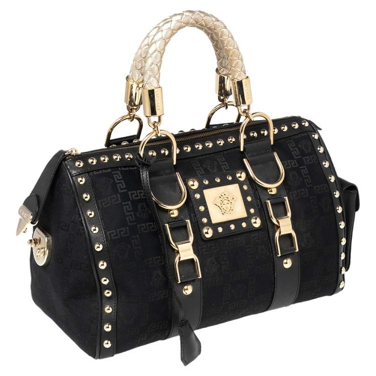 Pre Owned Versace Black Fabric and Leather Trim Snap Out Of It Satchel