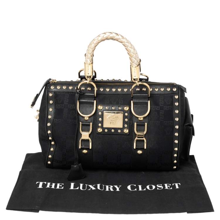 Pre Owned Versace Black Fabric and Leather Trim Snap Out Of It Satchel