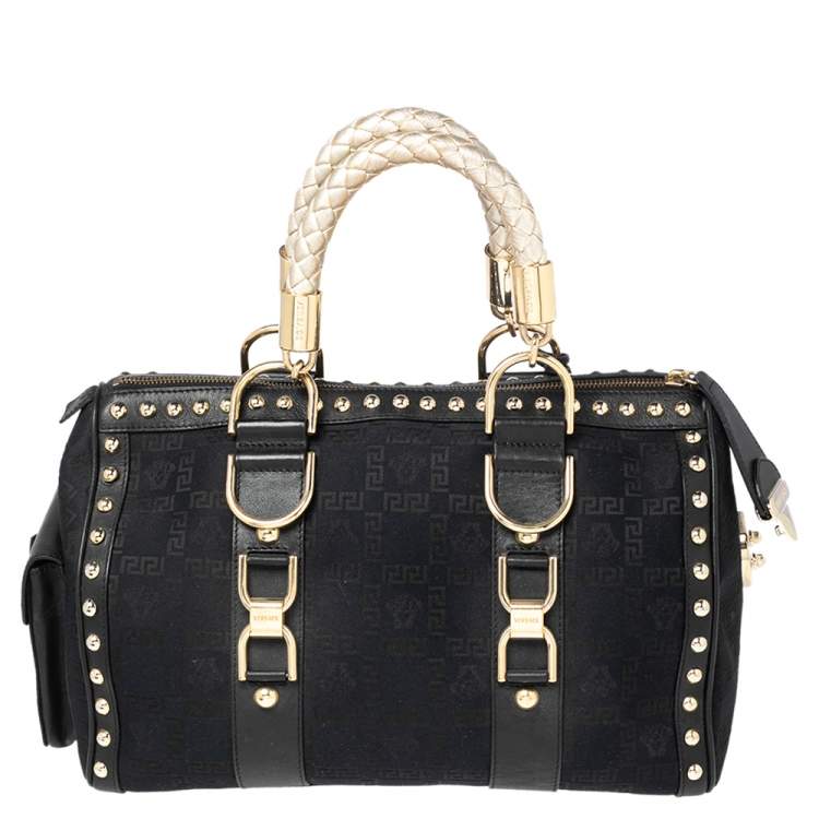 Pre Owned Versace Black Fabric and Leather Trim Snap Out Of It Satchel