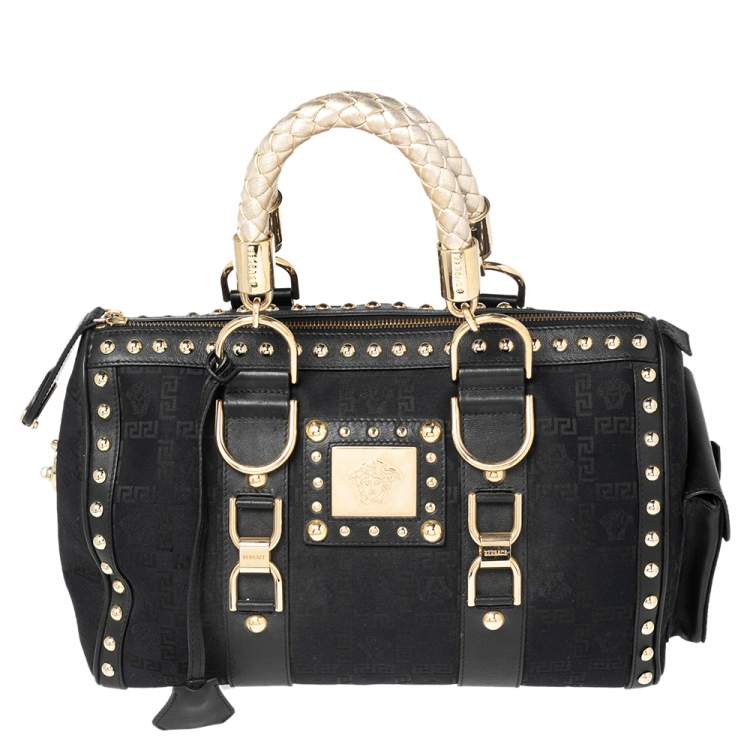 Pre Owned Versace Black Fabric and Leather Trim Snap Out Of It Satchel