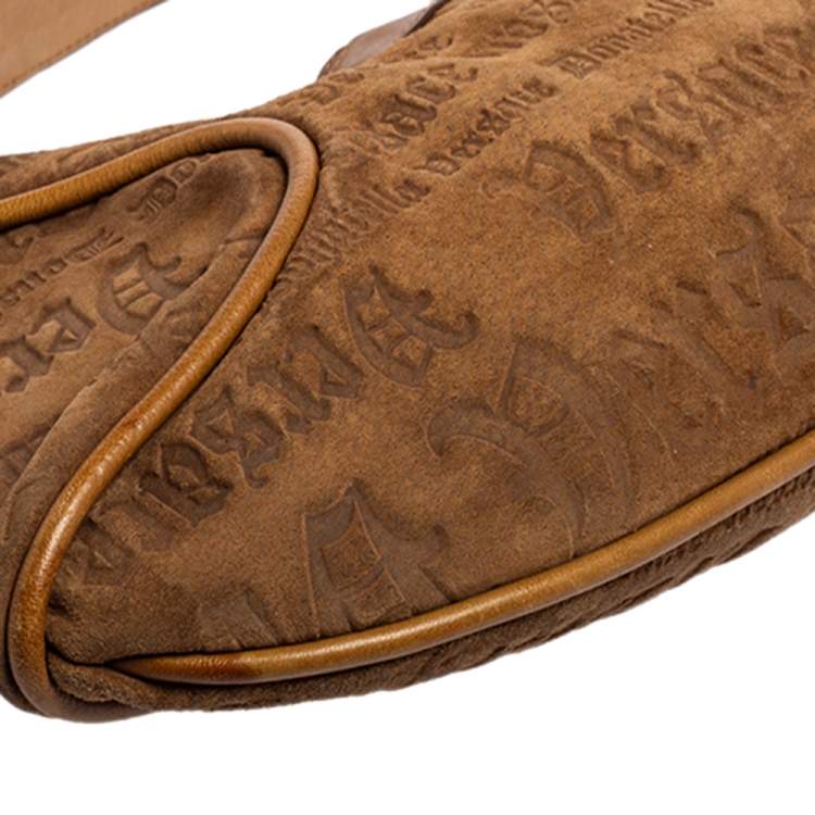 Pre Owned Versace Tan Logo Embossed Suede and Leather Charm Baguette Bag